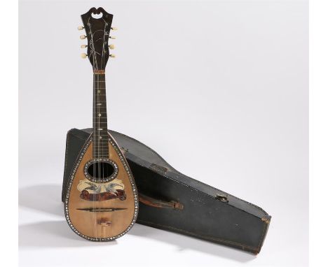 Mandolin by Domenico Zanoni Napoli, the body with tortoiseshell, bone and mother of pearl inlay depicting two doves, housed i