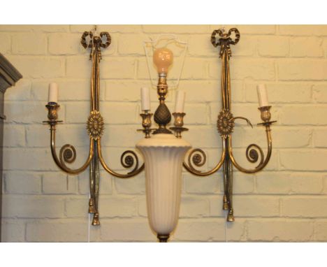 Pair of gilt metal two branch candelabra, wall lights and pottery table lamp