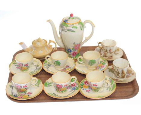 Royal Cauldon 'Vernique' coffee set, two Royal Worcester cups and saucers and Staffordshire teapot