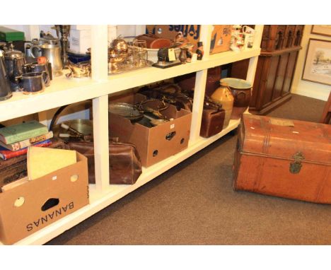 Tin trunk, Gladstone bags, stoneware crocks and bottle, brass jam pan, candlesticks, metal ware books, etc