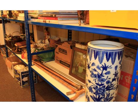 Blue and white stick stand and sticks, kitchen scales, weights, metal wares, figurines, books, annuals, pictures, etc