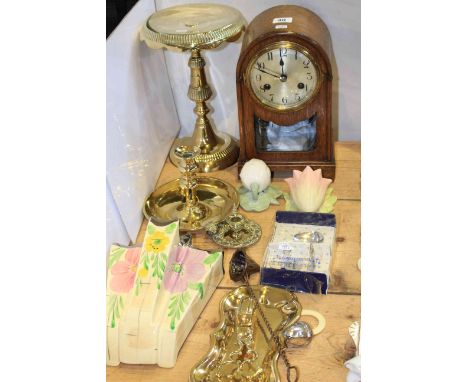 Oak mantel clock, brass teapot stand, chamber stick and snuffer, Arthur Wood wall pocket, etc