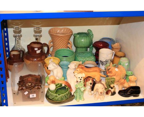 Sylvac vases, jugs and ornaments, pair of crystal decanters, two stoneware jugs and cuckoo clock