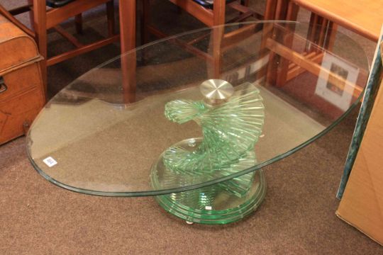 Contemporary Oval Glass Coffee Table On Spiral Pedestal Base