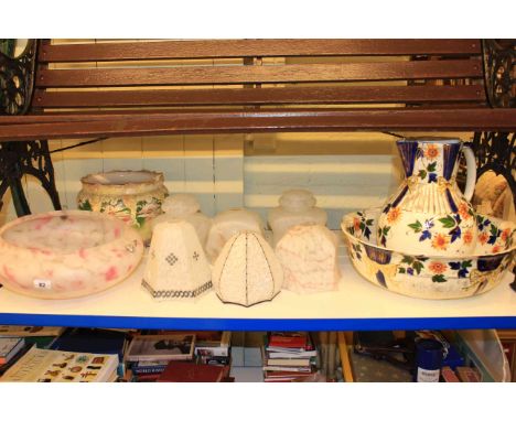 Toilet jug and basin, floral decorated jardiniere and collection of glass light shades