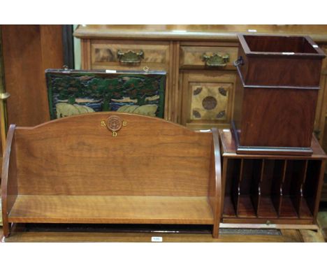 Maple & Co. mahogany letter rack, oak wall rack, book trough and planter (4)
