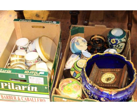 Two boxes with tea china, vases, oak clock, etc