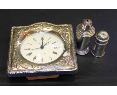 Silver-mounted clock, silver salt and pepper (3)