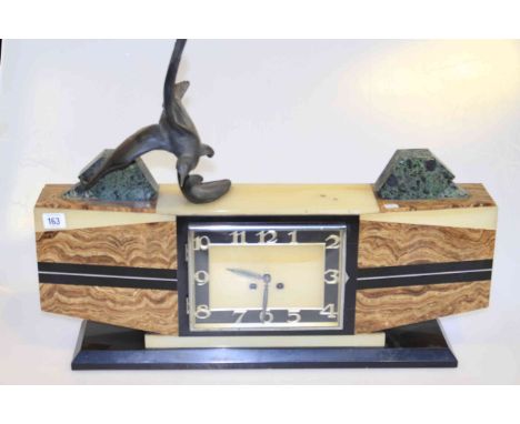 Large onyx and marble Art Deco mantel clock with bird mount