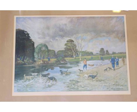 After Tom Carr, North Yorkshire Otterhounds at Gainford, print, framed