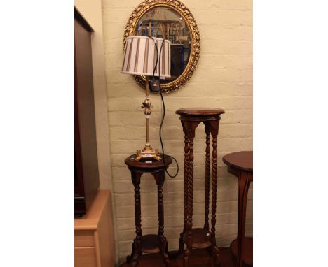 Two mahogany plant stands, gilt framed wall mirror and table lamp (4)