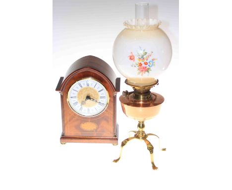 Brass and copper Hinks's No. 2 oil lamp and mahogany mantel clock