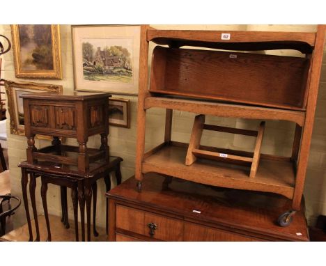 Oak trolley, two oak book troughs, sewing box, nest of tables, coffee table, Bentwood style coat stand, firescreen, occasiona