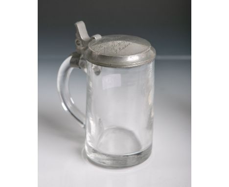   Bierhumpen aus klarem Glas, Studentenverbindung Corps Starkenburgia, Gießen, Hessen,  Zinndeckel m. Gravur "H. K. Fiefser. 