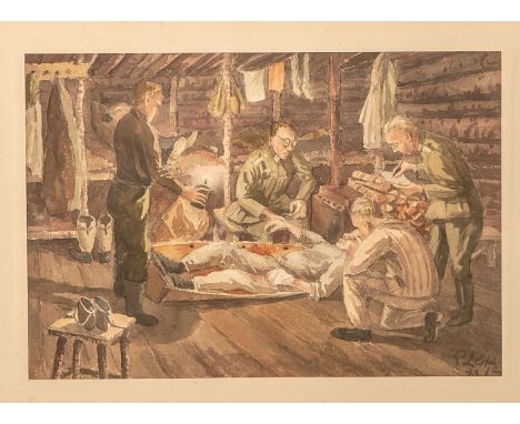   Lütz, R. wohl (wohl 20. Jahrhundert), Darstellung eines verletzten Kameraden im Unterstand  (wohl 1943), Aquarellzeichnung,