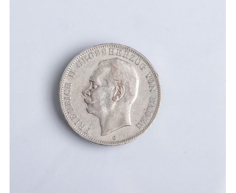   5 Mark-Münze "Friedrich II. Grosherzog von Baden" (Deutsches Reich, 1908), Silber,  Münzprägestätte: G, Dm. ca. 3,8 cm. Vz.