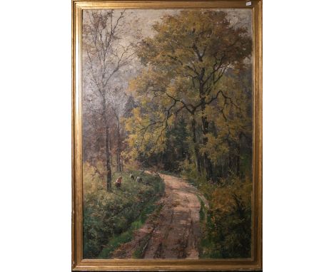   Staudacher, Vitus (1850 - 1925), "Im Schwarzwald", lichtdurchfluteter Waldweg, links am  Wegesrand 3 Kinder beim Beerensamm