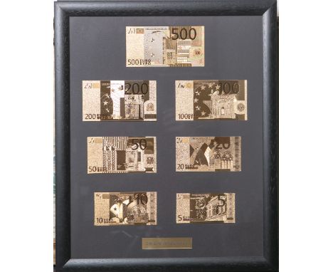   Euro-Geldscheine/Banknoten (7 Stück), in 24 K Gold-Vollveredelung, 5 Euro-500 Euro  (gestaffelt), ca. 55 x 45 cm, hinter Gl