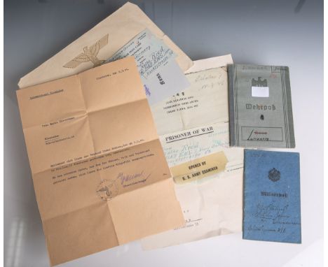   Diverse Schreiben, Urkunden, Militärpässe etc. (1. u. 2. WK), Kaiserzei / Drittes Reich,  bestehend aus: 1x Grußschreiben, 