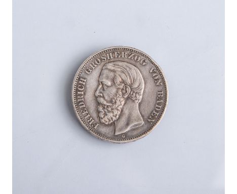   5 Mark-Münze "Friedrich Grosherzog von Baden" (Deutsches Reich, 1902), Silber,  Münzprägestätte: G, Dm. ca. 3,8 cm. Vz-ss. 