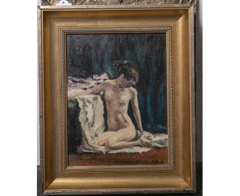   Koch, K. (wohl 20. Jahrhundert), sitzender weiblicher Akt, Öl/Holzplatte, re. u. sign.,  ca. 28 x 21,5 cm, gerahmt.        