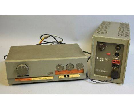 A QUAD 303 POWER AMPLIFIER AND A QUAD 33 PREAMP, with various cables