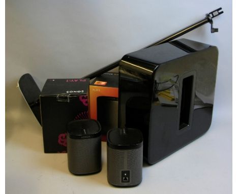 A SONOS PLAY ONE AND SUB WIRELESS SPEAKER SYSTEM, consisting of two Play One speakers and sub woofer, all in boxes with two F