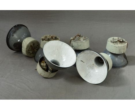 SIX INDUSTRIAL ENAMEL LIGHT SHADES, with electrical attachments, approximate diameter 38cm
