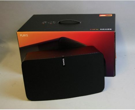 A SONOS PLAY FIVE WIRELESS SPEAKER, in box with Flexson stand (one arm to stand broken) (tested and working)