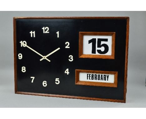 A VINTAGE WOODEN CLOCK AND CALENDAR, the clock has been converted to run via a battery, size approximately 35cm x 50cm (condi