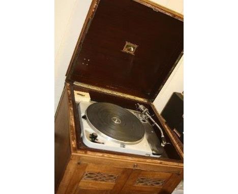 A THORENS TD124 MK2 VINTAGE TURNTABLE, mounted in a mahogany HMV gramophone case, fitted with a SME 3009 tone arm, also a pai