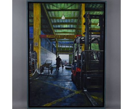 DANNY HOWES (BRITISH CONTEMPORARY), 'Man Pushing A Cart', oil on canvas from the markets series, signed and titled verso, Dan
