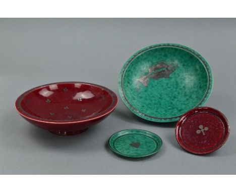 A PAIR OF SWEDISH 'ARGENTA' BOWLS AND PIN TRAYS BY THE GUSTAVSBERG FACTORY, the first finished in a matt jade green glaze wit