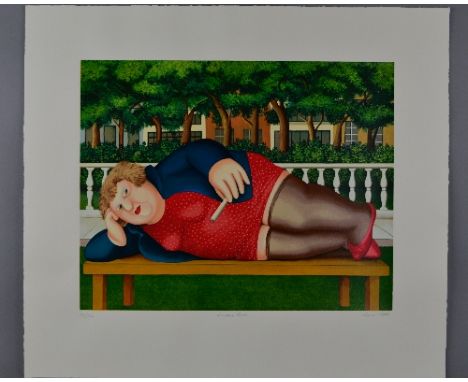 BERYL COOK (BRITISH 1926-2008), 'Bryant Park', A Limited Edition print, 187/300, of a woman lying on a bench whilst smoking, 
