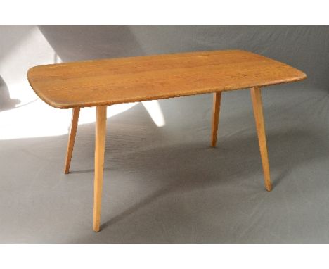 AN ERCOL GOLDEN DAWN ELM 1960'S RECTAGULAR REFRECTORY TABLE, on square tapering legs, approximate size width 152cm x depth 77