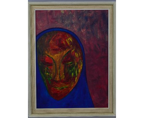 ALAN BOND (BRITISH 20TH CENTURY), untitled, an oil on board painting of an abstract portrait of a woman wearing a blue shawl,