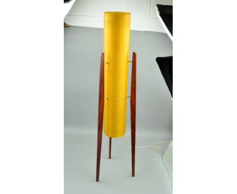 A 1960'S/1970'S TEAK FLOOR STANDING ROCKET LAMP, having cylindrical yellow fibre glass shade, approximate height 113cm