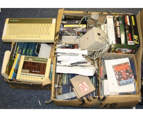 TWO BOXES OF VINTAGE GAMING COMPUTERS, GAMES AND ACCESSORIES, including an Acorn Electron with Data Recorder and games, two C