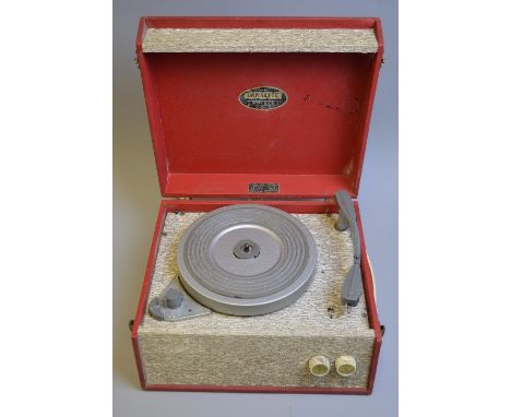 A DANSETTE POPULAR RECORD PLAYER, in red and beige finish, badge to inner lid, approximately 32cm x 28cm x 16cm (no plug so u