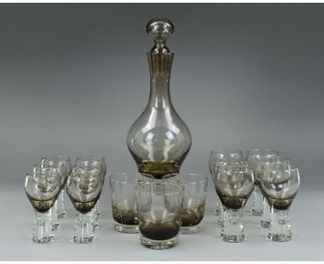 A CAITHNESS GLASS 'CANISBAY' DECANTER AND TWELVE 'CANISBAY' GLASSES, in the peat colourway, six glasses are approximately 11.