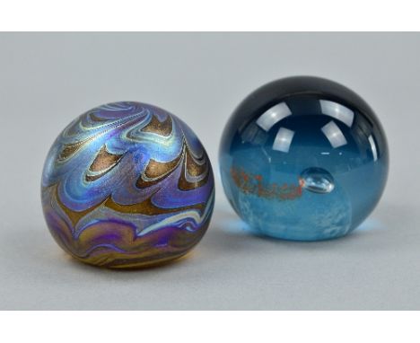 A PETER LAYTON DESIGN IRIDESCENT GLASS PAPERWEIGHT, fully signed to the base by Peter and the glass blower Norman Stuart Clar