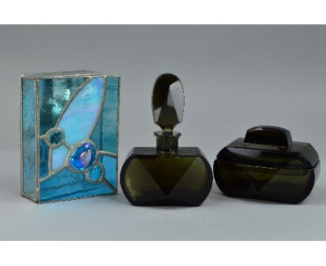 TWO ART DECO STYLE GLASS DRESSING TABLES PIECES, consisting of a scent bottle and a lidded dish, together with a contemporary