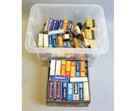 A BOX AND A TIN OF VINTAGE PACKAGED VALVES, including Mazda, Brimar etc
