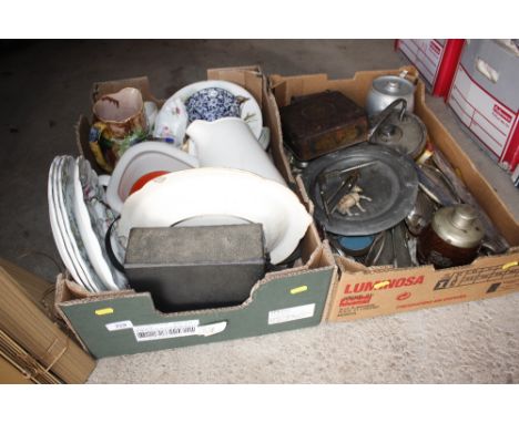 Two boxes containing various sundry china, cutlery, pewter dish, tea caddy etc.