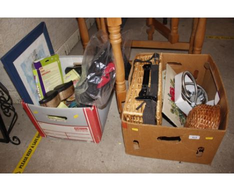 Two boxes containing wicker picnic basket; shower head; recorder etc. 