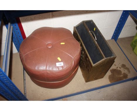 A leather pouffe; and a brass embossed magazine rack