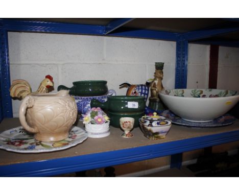 A collection of miscellaneous pottery items to include an Arthur Wood jug; Noritake sucrier; floral encrusted ornaments; larg