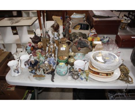 A quantity of decorative china to include oriental figures, Chinese teapot, Art Deco style salt and pepper pots, silver plate