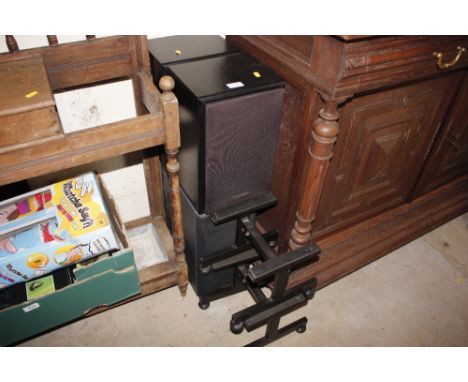 A pair of Technics and a pair of Pioneer speakers; and two speaker stands 