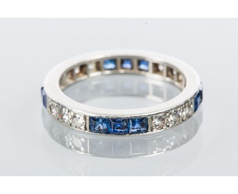 ART DECO DIAMOND AND SAPPHIRE ETERNITY RING
set with brilliant cut diamonds and square step cut sapphires, unmarked, size J